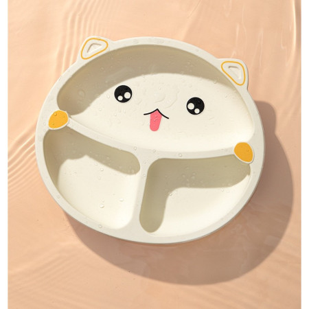 Set 4 Piese Hranire Bebelusi si Copii, Cyrax, din Silicon, fara BPA, de la 12 Luni, Model Pisicuta, 28 x 26 x 2 cm, Bej