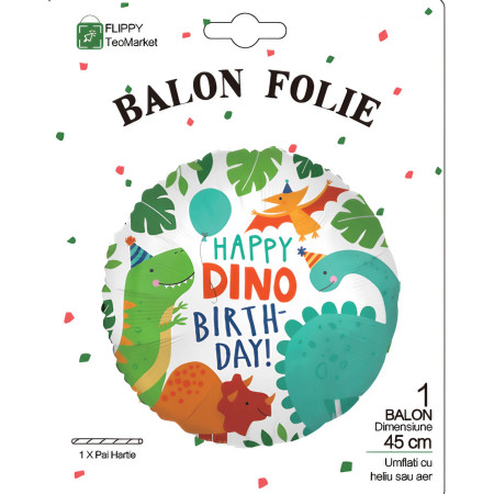 Balon din Folie Metalizata, Cyrax, Mini Figurina Rotunda, Model Happy Birthday cu Dinozauri, Tema Aniversare, 45 cm, Ambalaj Individual, Pai inclus, Umflare cu Aer sau Heliu, Multicolor