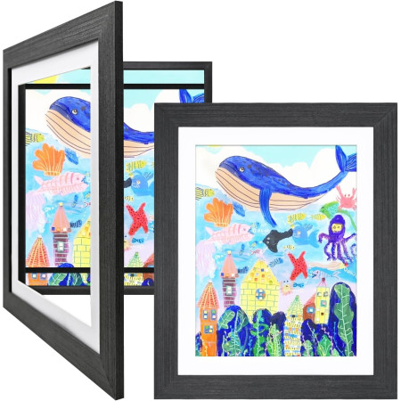 Rama Foto  din Lemn, cu Spatiu Pentru Depozitare, Pentru Desene si Picturi A4, Sticla Securizata, Rama MDF, Negru
