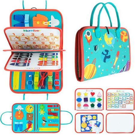 Carte Senzoriala Educativa Montessori, Cyrax, cu Activitati, Dezvoltare Abilitati Motorii, 4 Pagini, Model Spatiu Cosmic, 28x22x7 cm, Albastru