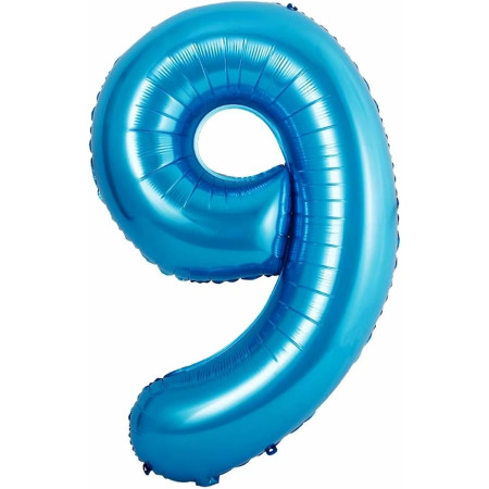 Balon din Folie Metalizata Cyrax, Figurina Cifra si Coroana, Tema Aniversare 100 cm, Ambalaj Individual, Pai inclus, Umflare cu Aer sau Heliu, Albastru, Cifra 9