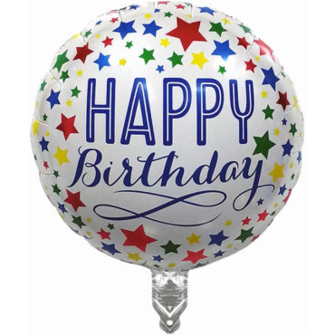 Balon din Folie Metalizata, Cyrax, Mini Figurina Rotunda, Model Happy Birthday, Tema Aniversare, 45 cm, Ambalaj Individual, Pai inclus, Umflare cu Aer sau Heliu, Multicolor