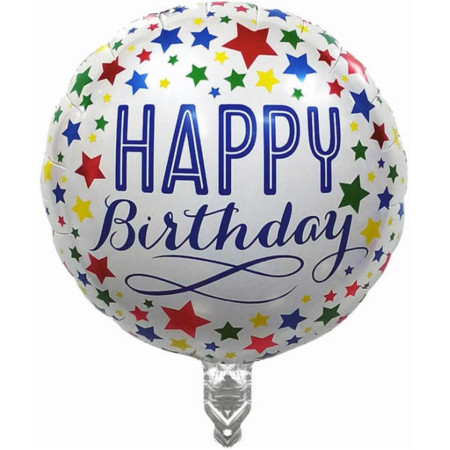 Balon din Folie Metalizata, Cyrax, Mini Figurina Rotunda, Model Happy Birthday, Tema Aniversare, 45 cm, Ambalaj Individual, Pai inclus, Umflare cu Aer sau Heliu, Multicolor