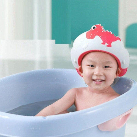 Cyrax Viziera de Protectie Baie Pentru Copii, Fippy, Model Dinozaur, Dimensiune ajustabila, Durabil, Usor de curatat, Impotriva Samponului, pentru Ochi si Urechi, TPE+PP, 22x21 cm, Rosu