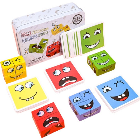 Jucarie Pentru Copii Montessori Cyrax, Cub din Lemn, Asamblare Fete, 64 de Carti Distractive, pentru Baieti si Fete, Varsta +3 ani, Educativ, Cutie din Aluminiu, 13.5 x 4 x 9 cm, multicolor