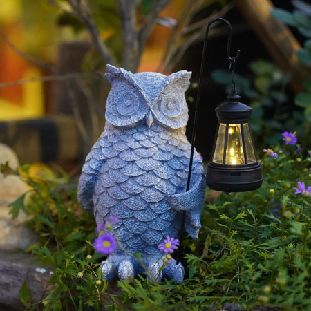 Ornament de Decor pentru Gradina cu LED,  Model Bufnita cu Felinar, Decoratiune Exterioara pentru Casa si Gradina, din Rasina, 21.5x15 cm, Gri