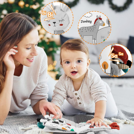 Carte Senzoriala, Cyrax, pentru Bebelusi, 15x16x6 cm, cu Animalute, 3D, Cu Sunete si Fosnete, 0-3 Ani, Model Iepuras, Gri