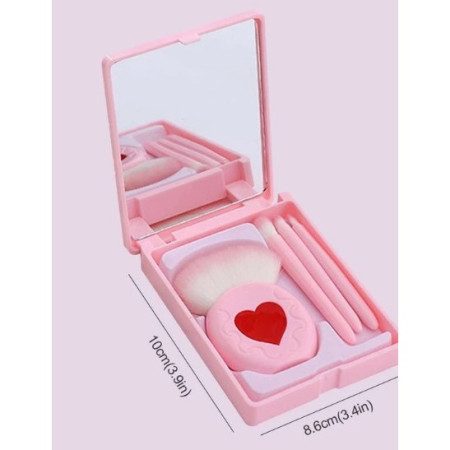 Set 4 Mini Pensule de Machiaj, Cyrax, Portabile, in Carcasa cu Oglinda, din Par Sintetic Moale, Roz, Model cu Inima, 12x7x2.5 cm