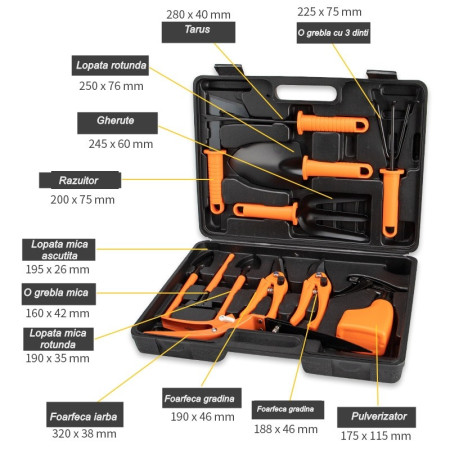 Set 12 accesorii pentru gradinarit  geanta depozitare inclusa, otel inoxidabil, 37 x 27 cm, portocaliu