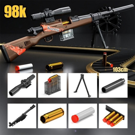 Pusca de Jucarie 98K Ultrarealista, Cyrax, Manuala, cu Luneta, 10 de Proiectile din Spuma Moale, 5 Cartuse, 103 cm, 14 ani+, Maro