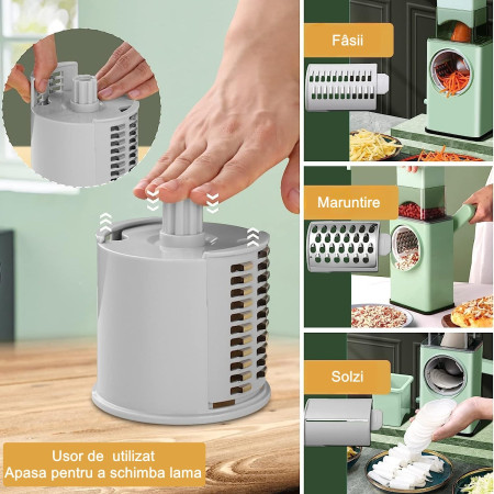 Feliator manual pentru legume Cyrax, 3 lame din otel inxodabil, 3 tipuri de feliere, material carcasa ABS, latime maxima feliere 4 mm, baza de tip ventuza, usor si sigur de utilizat, 28.5 x 9,2 x 13.5 cm, verde