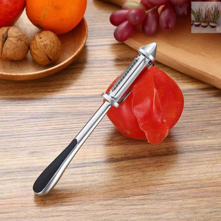 Peeler 2in1 pentru Legume si Fructe, Cyrax, Multifunctional, cu 2 Lame de Curatati si Feliat, Varf Ascutit pentru Gaurit, 18 cm, din Otel Inoxidabil, Argintiu/Negru