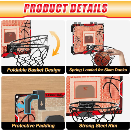 Cos de Baschet pentru Copii, Cyrax, cu Tablou de Bord Electronic, Minge, Pompa, 2 Moduri, Interior/Exterior, Inel Metalic si Rabatabil cu Arc, Luminos, 41x27.5x5 cm, Multicolor