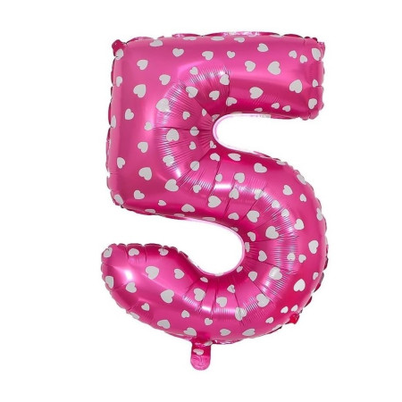 Balon din Folie Metalizata Cyrax, Figurina Cifra, Imprimeu Inimi, Tema Aniversare 80 cm, Ambalaj Individual, Pai inclus, Umflare cu Aer sau Heliu, Roz, Cifra 5
