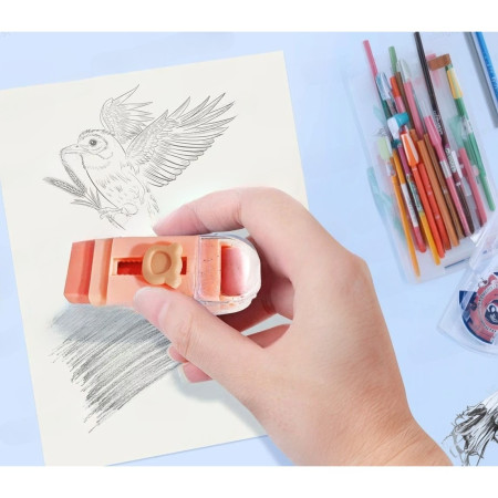 Radiera Retractabila,  Model Ursulet, Reglare Push-Pull, Radiera de tip Push, Doua Radiere de Rezerva in set din Cauciuc, Roz deschis