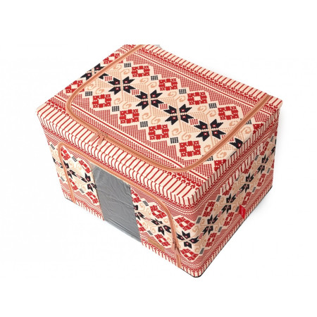 Cutie de Depozitare Pliabila, 100 L din Bumbac si In, 60X42X40 cm, Fereastra Frontala, 2 Usi de Acces cu Fermoar Bidirectional, Cadru Metalic, Suport Baza Stabil din Plastic, Motiv Traditional Model 1