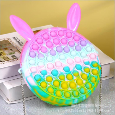 Jucarie antistres din silicon Cyrax, Geanta Pop It, 16 cm, Iepuras, Macarons