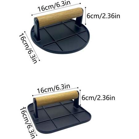 Presa Manuala pentru Carne, Cyrax, din Aliaj de Aluminiu, Maner din Lemn, Presa pentru Burgeri, Usor de Curatat si Folosit, Patrata, 16x16x6 cm, Neagra