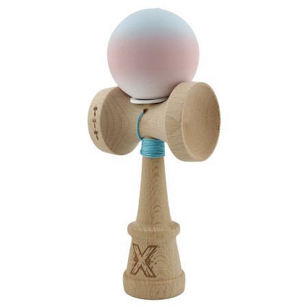 Kendama X Originala, Profesionala, Cyrax, Cupe Mari KING SIZE V3, Rubber Grip, Gaura in Baza, Rulment Metalic, din lemn 18 cm, Ata 62/65 cm, Gradient Albastru deschis/Roz/Alb