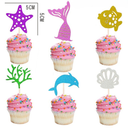 Set Toppere pentru Tort si Prajituri, Cyrax, Tematica Sirena, Model Mare Scris Happy Birthday 16.5x8.2 cm, 6 Toppere Mici Model Marin 5x5 cm, Multicolor