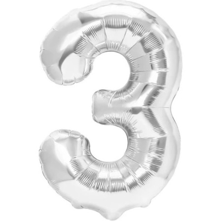 Balon din Folie Metalizata, Cyrax, Figurina Cifra, Tema Aniversare 100 cm, Ambalaj Individual, Pai inclus, Umflare cu Aer sau Heliu, Argintiu, Cifra 3