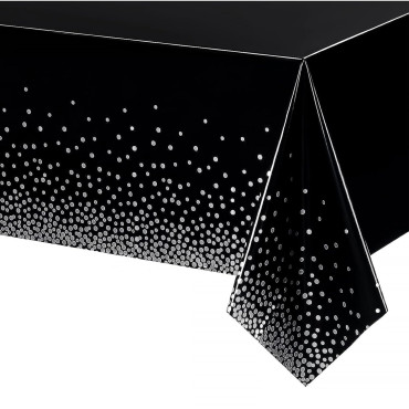 Fata de Masa, Cyrax, din PEVA, Imprimeu Buline Argintii, 137 x 274 cm, Impermeabila, Fara Pete, Curatare Rapida, Negru