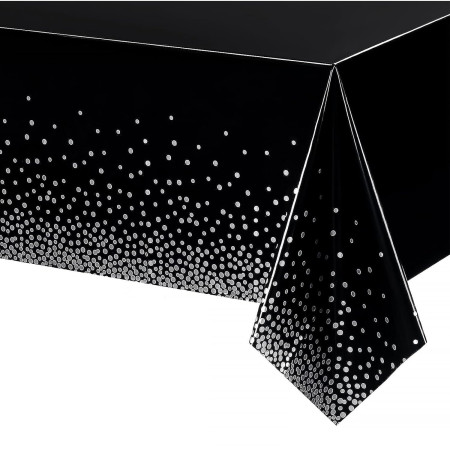 Fata de Masa, Cyrax, din PEVA, Imprimeu Buline Argintii, 137 x 274 cm, Impermeabila, Fara Pete, Curatare Rapida, Negru