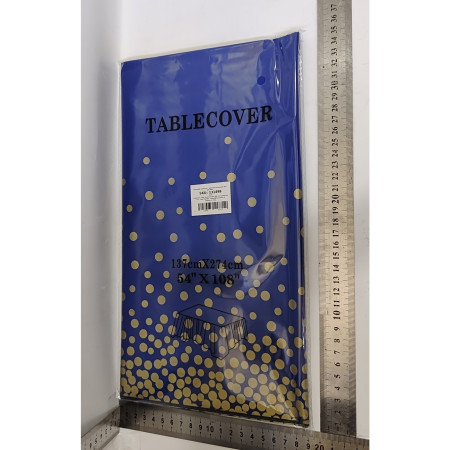 Fata de Masa, Cyrax, din PEVA, Imprimeu Buline Aurii, 137 x 274 cm, Impermeabila, Fara Pete, Curatare Rapida, Albastru Inchis