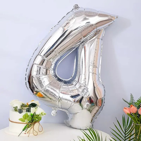 Balon din Folie Cyrax, Cifra 4, 81 cm, Pentru Aer sau Heliu, Bulk, Argintiu