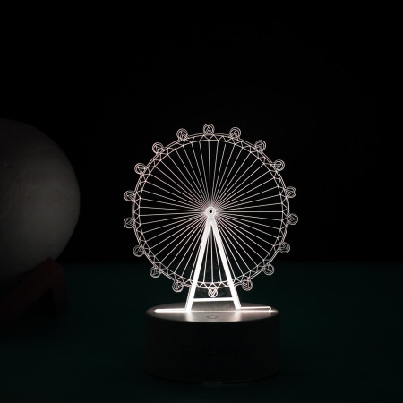 Lampa LED decorativa,  3D, Roata Panoramica, cu telecomanda, doua moduri de alimentare USB si baterii, 20 cm inaltime, din material acril si lumina multicolora, alb
