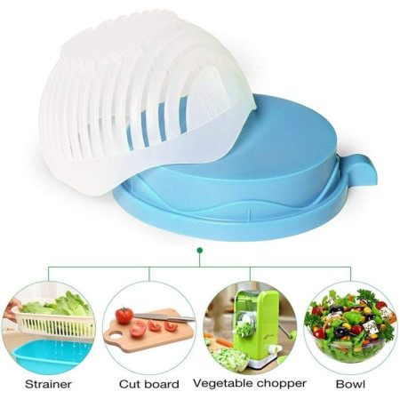 Bol Feliator pentru Salata, Cyrax, Castron Multifunctional pentru Legume si Fructe, pentru Spalat si Taiat Legumele, cu Scurgere si Tocator, Ergonomic, Protectie pentru Maini, 21x18.5x11.5 cm, Albastru