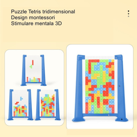Joc de inteligenta Tetris puzzle tangram Cyrax, 70 de piese multicolore, 3D, montessori, interactiv, din plastic, zar inclus, sac depozitare piese, varsta peste 6 ani, 23 x 19.8 x 5 cm, cadru albastru