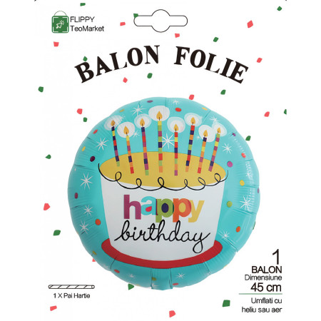 Balon din Folie Metalizata, Cyrax, Mini Figurina Rotunda, Model Happy Birthday Tort, Tema Aniversare, 45 cm, Ambalaj Individual, Pai inclus, Umflare cu Aer sau Heliu, Albastru