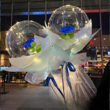 Trandafir in Balon LED cu Lumini, Cyrax, Tip Buchet, Diametru 35 cm, Albastru