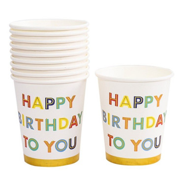 Set 10 Pahare, Cyrax, Imprimeu Happy Birthday to You, din Carton, 250 ml, 7.5 x 8.5 x 5.2 cm, Multicolor