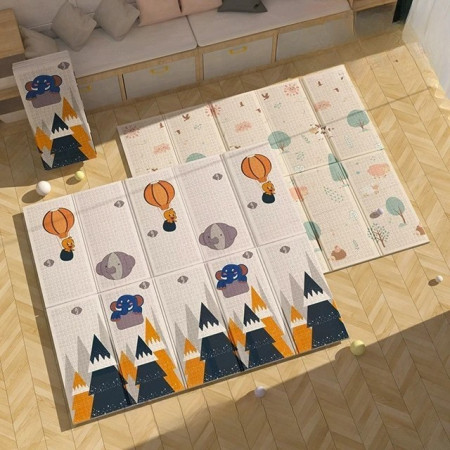 Covoras pentru Copii, Cyrax, cu 2 Fete, Model Padure/Elefanti, din XPE+PE, Impermeabil, Antiderapant, Protectie Termica, +3 Luni, Pliabil, 180 x 200 x 1.5 cm, Multicolor