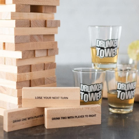 Joc de Baut Jenga Cyrax, Turnul Betivului din Lemn, Piese cu Provocari, Pahare de Shot din Sticla Incluse, 19 x 7 x 20 cm