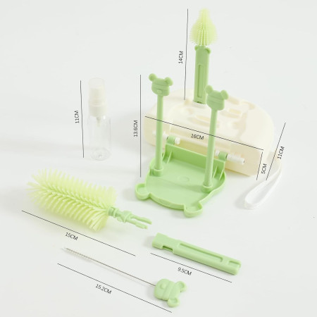Set 7 Piese de Spalat/Uscat Biberoane, Cyrax, Portabil, Peri de Silicon, pentru Tetine, Suzete, Biberoane, Paie, Cutie Inclusa, 16 x 11 x 5 cm, Model Ursulet, Verde