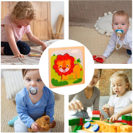 Puzzle Montessori din Lemn pentru Copii, Cyrax, 3D, 0-3 Ani, Model Leu, Educativ, Intuitiv, Creativ, 3 Piese, 15x15x0.5 cm, Multicolor