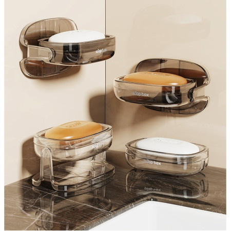 Savoniera cu Suport 2 in 1,  Pentru Perete sau Blat, PET, Scurgere Optima, Argintiu Transparent