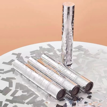 Tub de Confetii, Cyrax, Party Popper, 30x5 cm, Confetii Lucioase Rezistente la Foc, Eliberare prin Rasucire, Argintiu