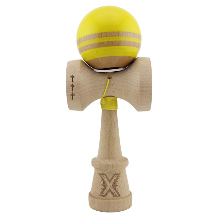 Kendama X Originala RAINBOW, Profesionala, Cyrax, Cupe Mari KING SIZE V3, Super Sticky, Gaura in Baza, Rulment Metalic, din lemn 18 cm, Ata 55 cm, Galben/Maro
