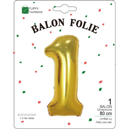 Balon din Folie Metalizata Cyrax, Figurina Cifra, Tema Aniversare 80 cm, Ambalaj Individual, Pai inclus, Umflare cu Aer sau Heliu, Auriu, Cifra 1