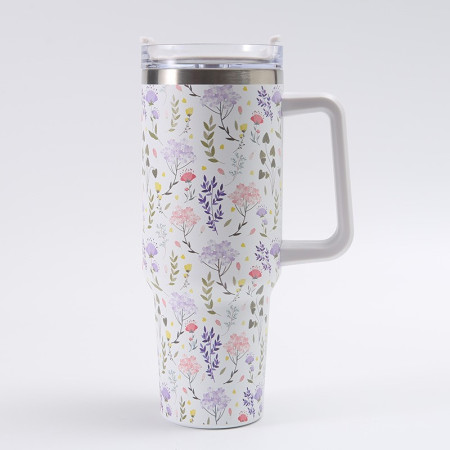 Cana Termos din Plastic, Cyrax, pentru Bauturi Calde si Reci, cu Maner, Imprimeu Floral,  Alb, 10x7.6x27.5 cm