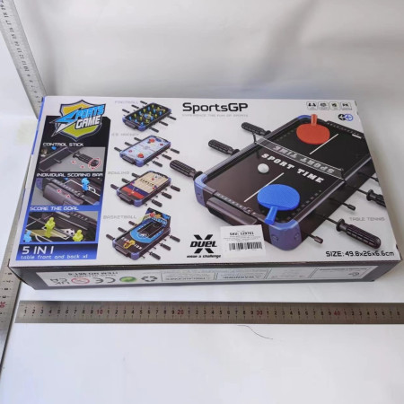 Masa de Joc 5in1  Cyrax, cu Teren Schimbabil de Fotbal, Basket, Bowling, Curling si Hockey, cu Tablou Scor, din ABS, 49.8x26x6.6 cm, Design Multicolor, pentru Copii/ Adulti