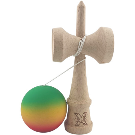 Kendama X Originala, Profesionala, Cyrax, din Lemn, Rubber Grip, 18 cm, Gradient Verde/Galben/Rosu