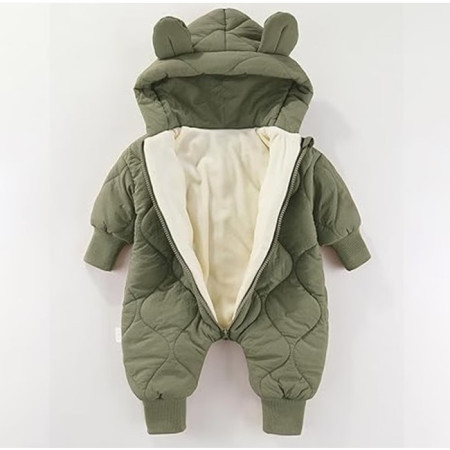 Combinezon de Iarna, Cyrax, pentru Bebelusi, din Bumbac, cu Urechi, Mansete Elastice, Unisex, 73 cm, Verde