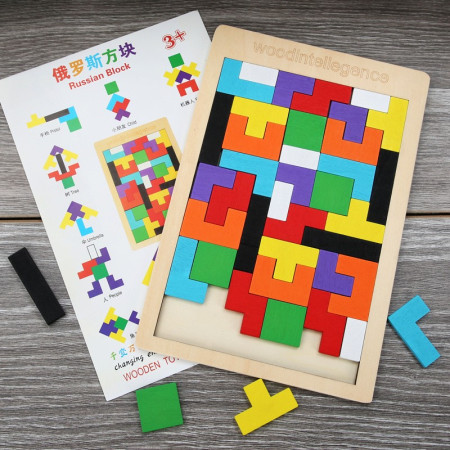 Puzzle Montessori, Cyrax, din Lemn, Tip Tetris, +36 Luni, Forme Neregulate, 40 Piese, 26.5 x 17.7 cm, Multicolor