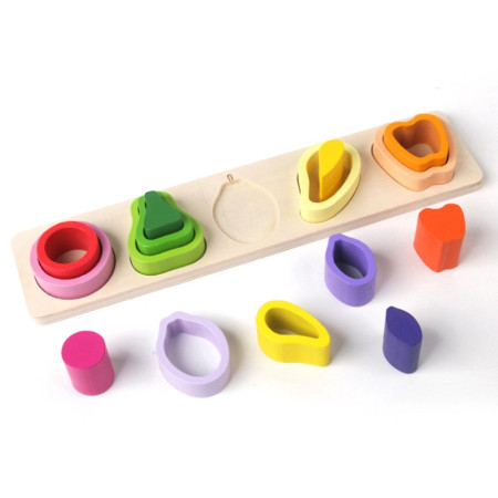 Jucarie Montessori din Lemn, Cyrax, Tip Puzzle, cu 5 Forme Asimetrice, 15 Piese, Model Fructe, Educativa, Interactiva, Creativa, Materiale Non Toxice, +2 Ani, 29x6.5 cm, Multicolor