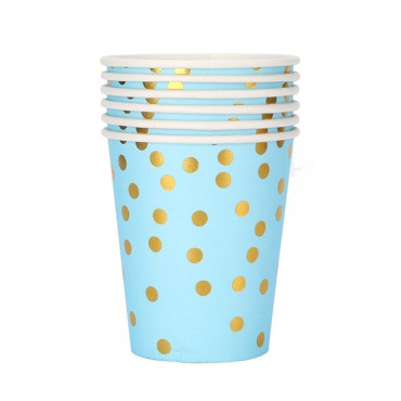 Set 10 Pahare, Cyrax, Imprimeu cu Buline, din Carton, 250 ml, 7.5 x 8.5 x 5.2 cm, Albastru/Auriu